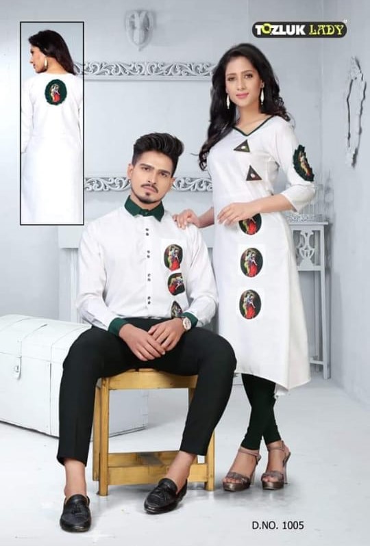 Couple Dress By Tozluk Lady 1001 To 1007 Series Beautiful Stylish Colorful Fancy Party Wear & Ethnic Wear & Ready To Wear Cotton Digital Printed Kurtis With Shirts At Wholesale Price