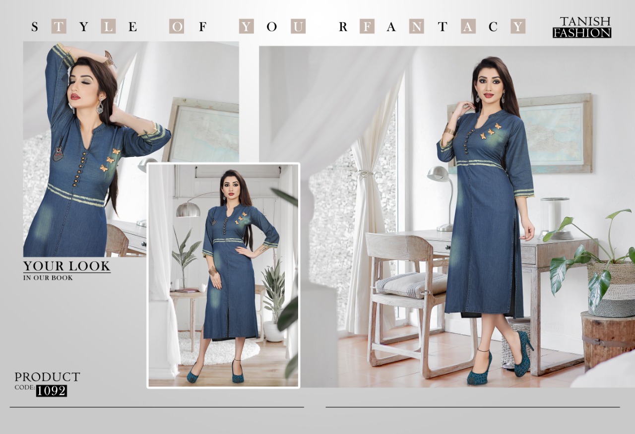 Crazy Denim By Tanish Fashion 1092 To 1097 Series Beautiful Colorful Stylish Fancy Casual Wear & Ethnic Wear & Ready To Wear Denim Cotton Kurtis At Wholesale Price