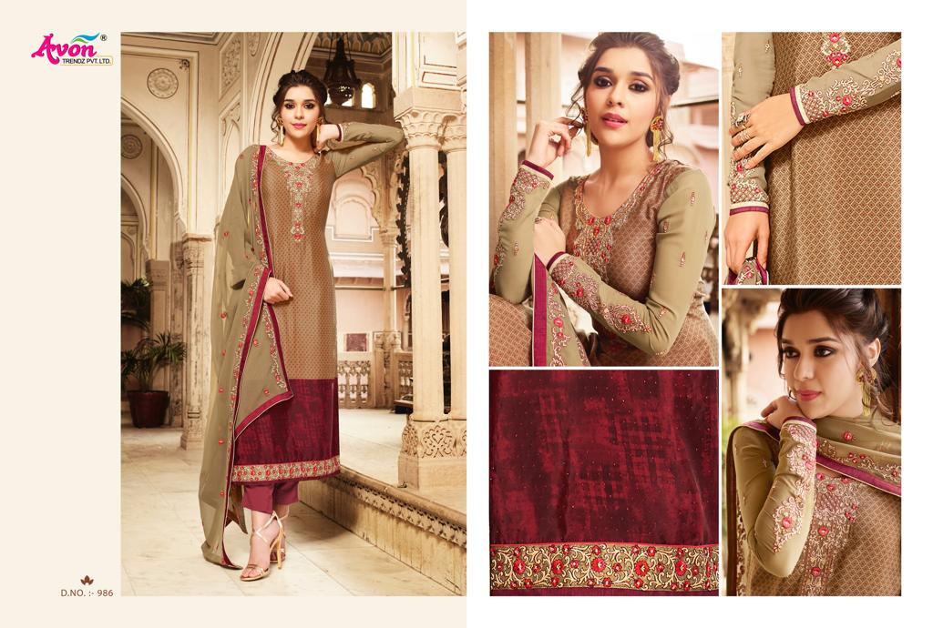 Crepe Silk By Avon 981 To 987 Series Indian Traditional Wear Collection Beautiful Stylish Fancy Colorful Party Wear & Occasional Wear French Crepe Silk With Embroidery Dress At Wholesale Price