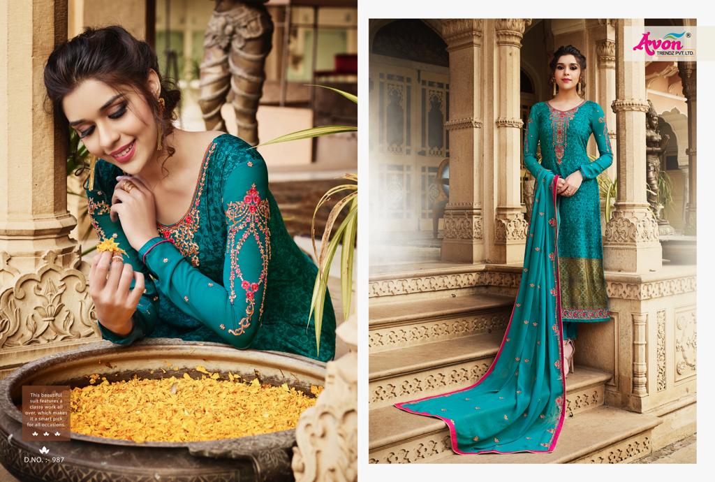 Crepe Silk By Avon 981 To 987 Series Indian Traditional Wear Collection Beautiful Stylish Fancy Colorful Party Wear & Occasional Wear French Crepe Silk With Embroidery Dress At Wholesale Price