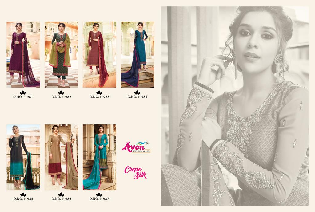 Crepe Silk By Avon 981 To 987 Series Indian Traditional Wear Collection Beautiful Stylish Fancy Colorful Party Wear & Occasional Wear French Crepe Silk With Embroidery Dress At Wholesale Price