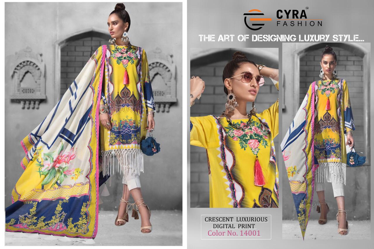 Crescent Luxurious By Cyra Fashion 14001 To 14004 By Designer Pakistani Suits Collection Beautiful Stylish Fancy Colorful Party Wear & Occasional Wear Muslin Silk Cotton Embroidered Dresses At Wholesale Price