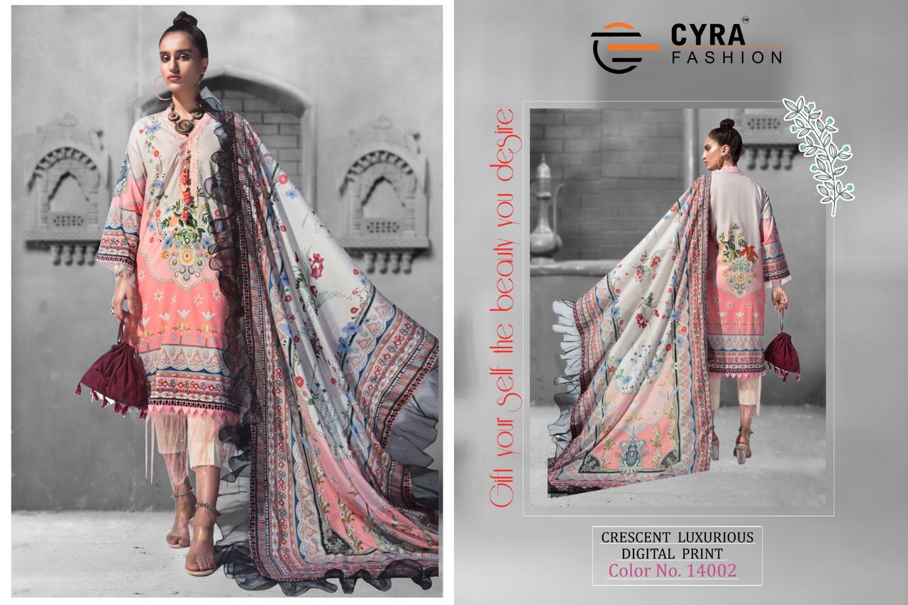 Crescent Luxurious By Cyra Fashion 14001 To 14004 By Designer Pakistani Suits Collection Beautiful Stylish Fancy Colorful Party Wear & Occasional Wear Muslin Silk Cotton Embroidered Dresses At Wholesale Price