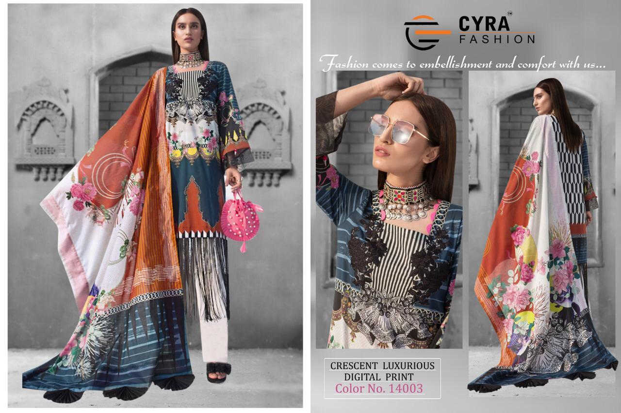 Crescent Luxurious By Cyra Fashion 14001 To 14004 By Designer Pakistani Suits Collection Beautiful Stylish Fancy Colorful Party Wear & Occasional Wear Muslin Silk Cotton Embroidered Dresses At Wholesale Price