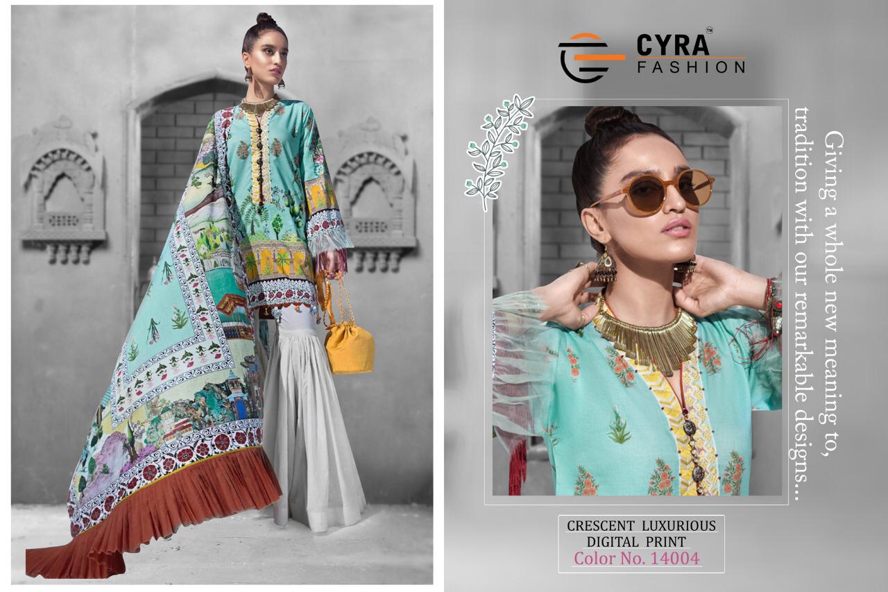 Crescent Luxurious By Cyra Fashion 14001 To 14004 By Designer Pakistani Suits Collection Beautiful Stylish Fancy Colorful Party Wear & Occasional Wear Muslin Silk Cotton Embroidered Dresses At Wholesale Price