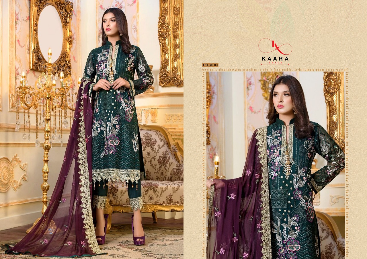Crimson-19 By Kaara Suits 501-101 To 501-106 Series Designer Pakistani Suits Beautiful Stylish Fancy Colorful Party Wear & Ethnic Wear Faux Georgette/net With Heavy Embroidery Dresses At Wholesale Price