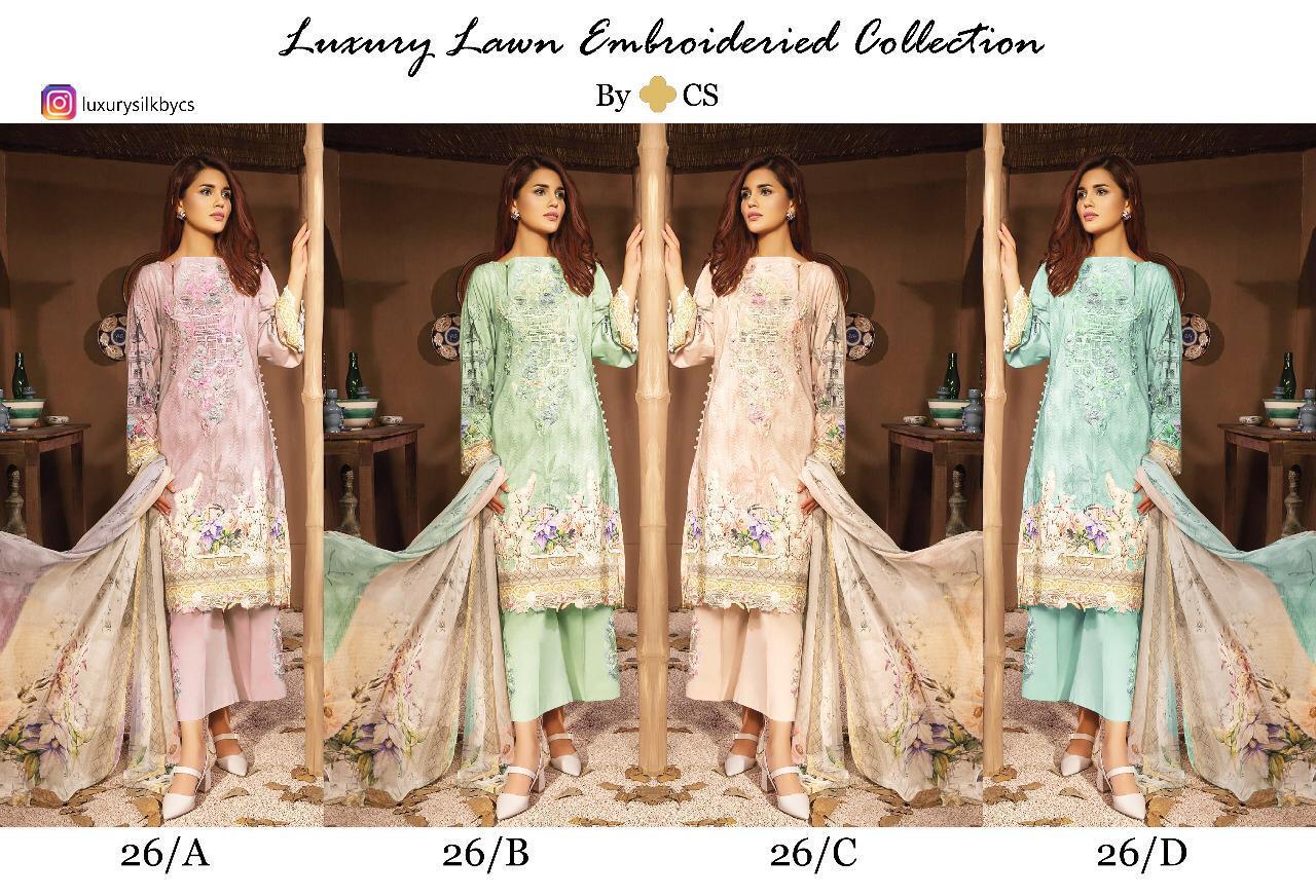 Cs Hit Design 26 Colours By Cs 26-a To 26-d Series Designer Pakistani Suits Colorful Stylish Fancy Beautiful Collection Casual Wear & Ethnic Wear Lawn Digital Print With Embroidery Dresses At Wholesale Price