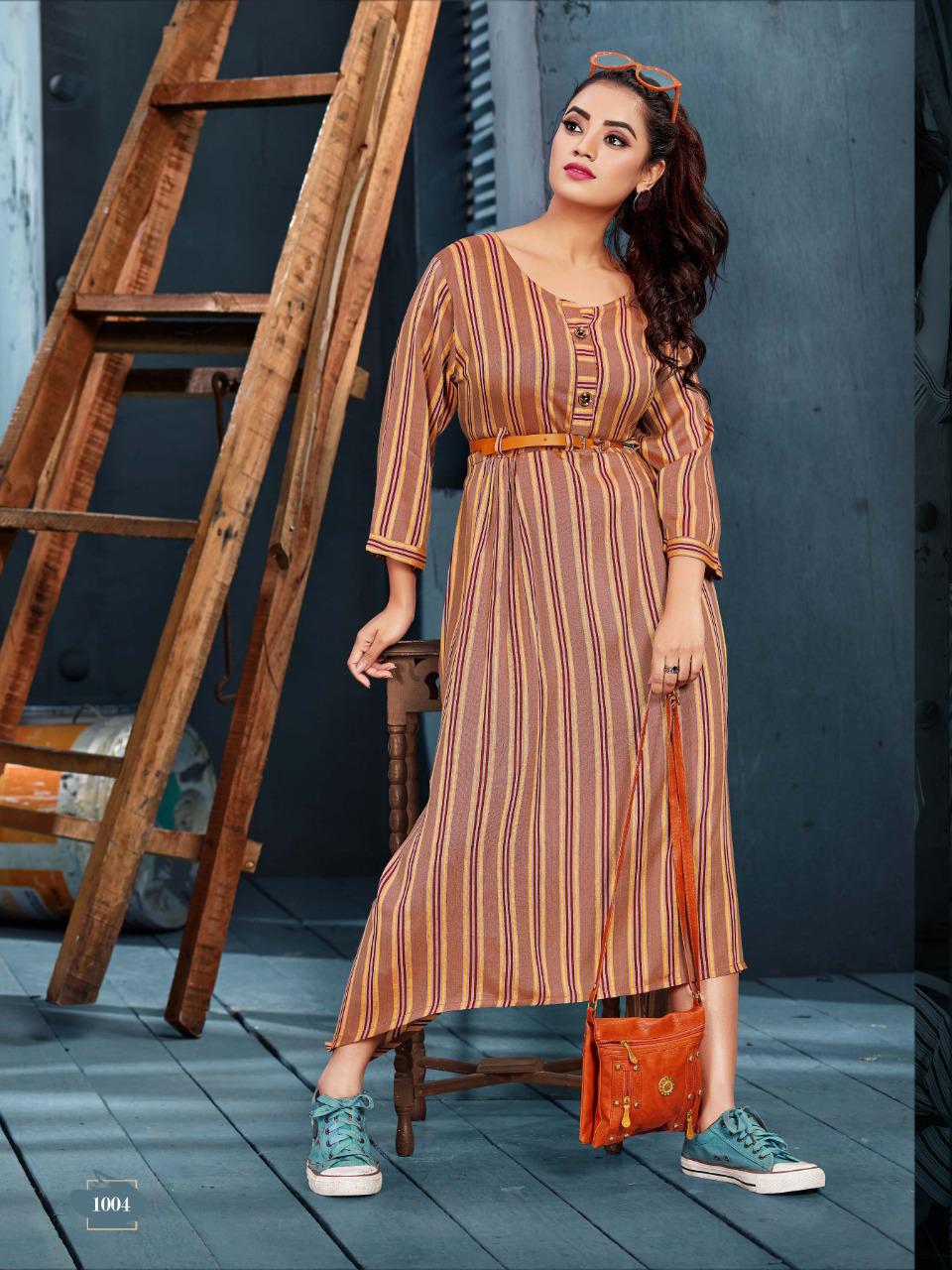 Cute Girl By Mithoodi 1001 To 1004 Series Beautiful Colorful Stylish Fancy Casual Wear & Ethnic Wear & Ready To Wear Rayon Weaving Lining Kurtis With Belt At Wholesale Price