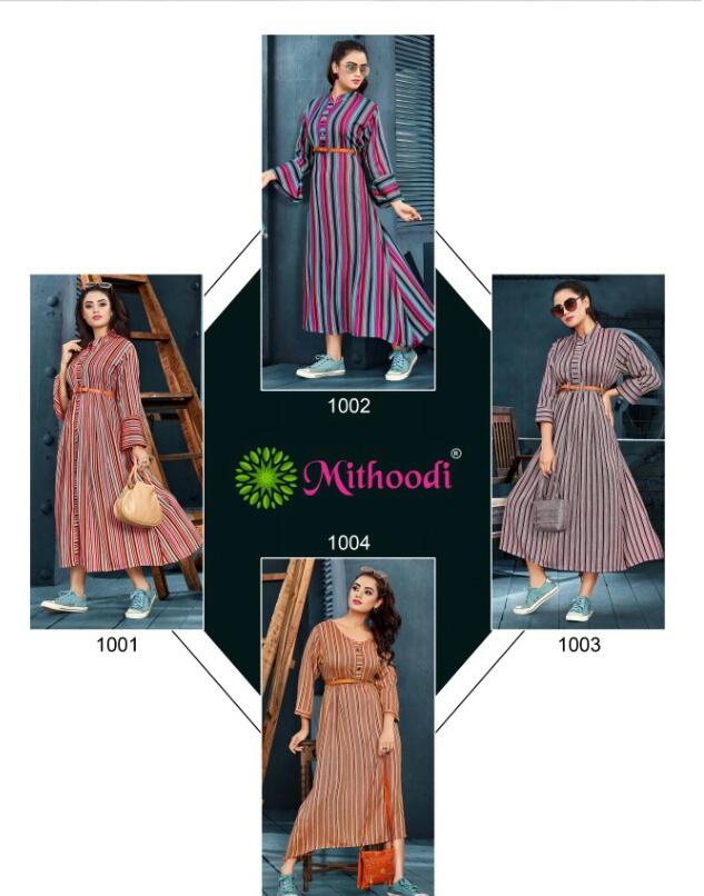 Cute Girl By Mithoodi 1001 To 1004 Series Beautiful Colorful Stylish Fancy Casual Wear & Ethnic Wear & Ready To Wear Rayon Weaving Lining Kurtis With Belt At Wholesale Price