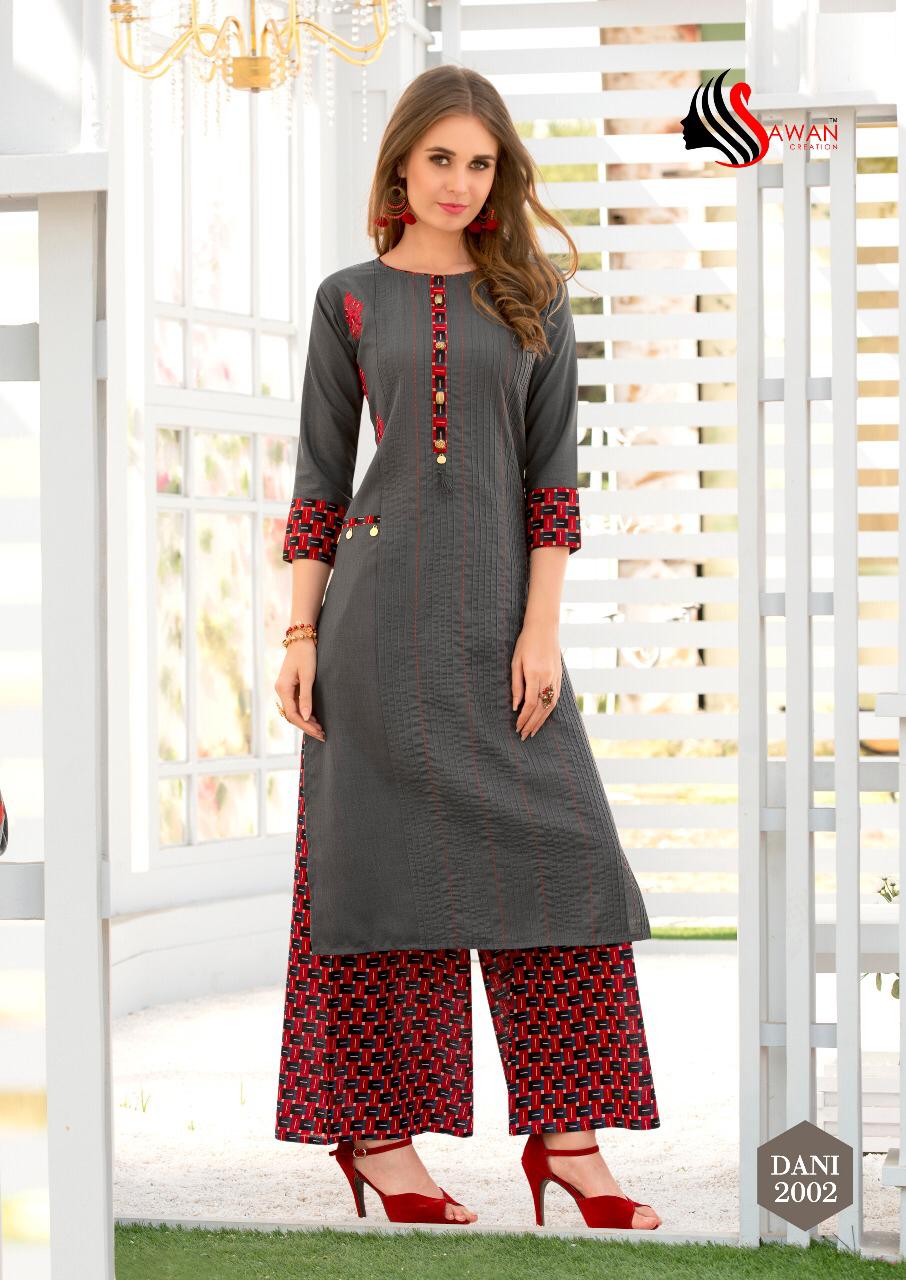 Dani Vol-2 By Sawan Creation 1001 To 1010 Series Beautiful Colorful Stylish Fancy Casual Wear & Ethnic Wear & Ready To Wear Heavy Rayon/cotton Printed Kurtis & Palazzo At Wholesale Price