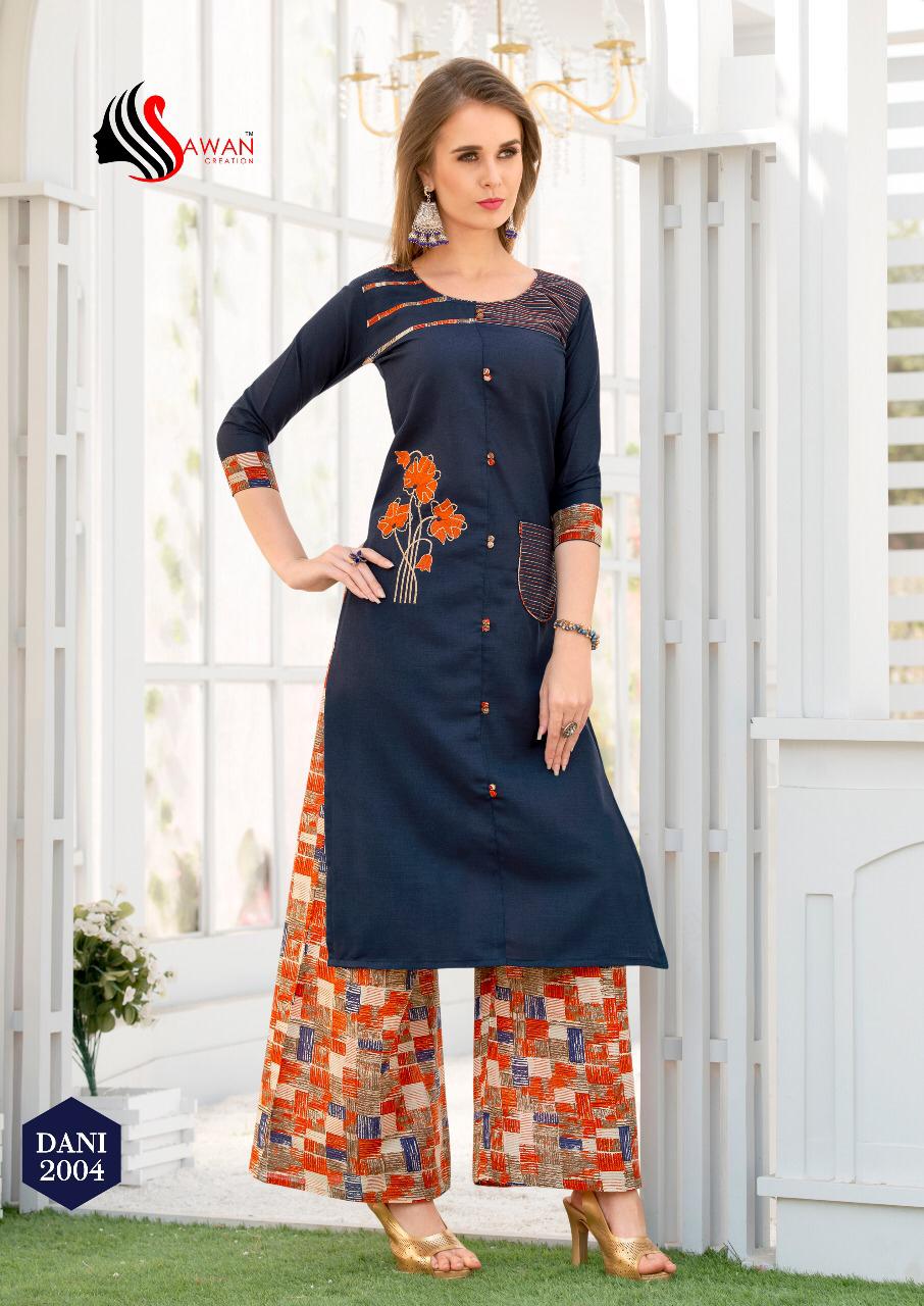 Dani Vol-2 By Sawan Creation 1001 To 1010 Series Beautiful Colorful Stylish Fancy Casual Wear & Ethnic Wear & Ready To Wear Heavy Rayon/cotton Printed Kurtis & Palazzo At Wholesale Price