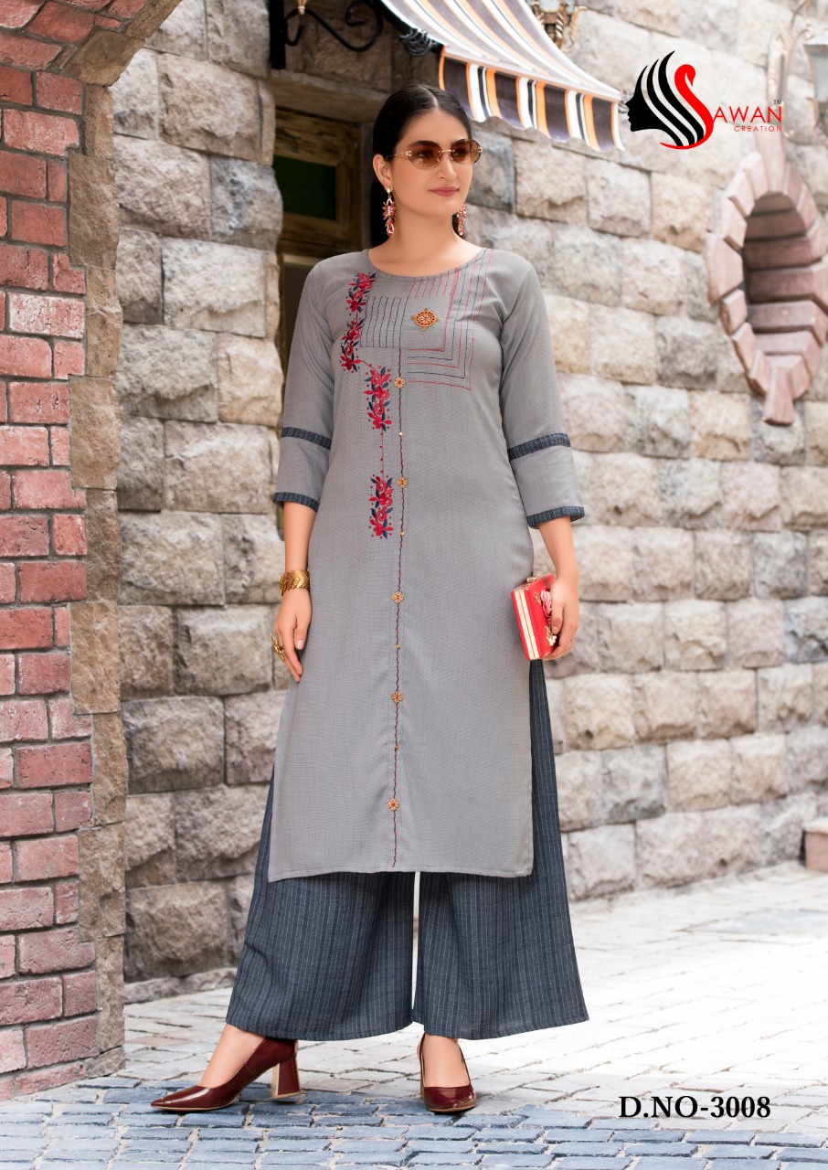 Dani Vol-3 By Sawan Creation 3001 To 3008 Series Stylish Fancy Beautiful Colorful Casual Wear & Ethnic Wear Heavy Rayon With Embroidered Kurtis And Bottom At Wholesale Price