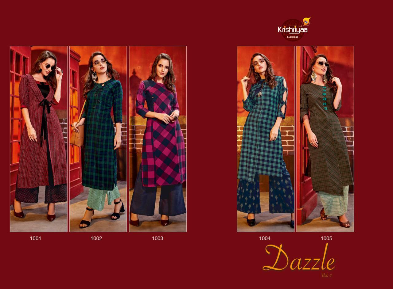 Dazzle Vol-5 By Krishriyaa 1001 To 1005 Series Designer Beautiful Stylish Fancy Colorful Party Wear & Ethnic Wear Dyed Cotton Kurtis With Bottom At Wholesale Price