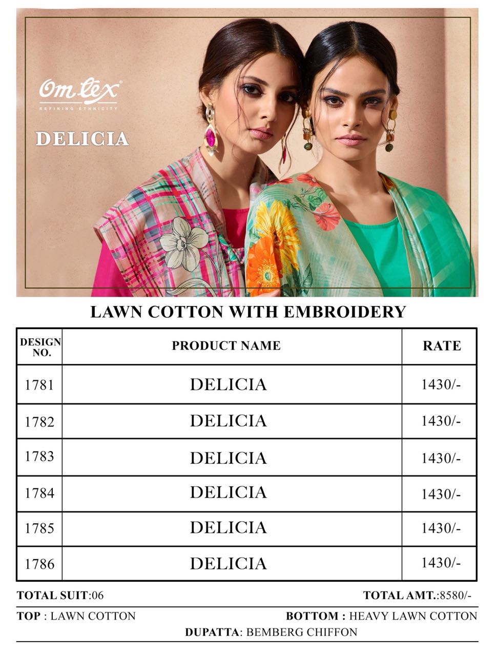 Delicia By Om Tex 1781 To 1786 Series Designer Pakistani Suits Beautiful Stylish Fancy Colorful Party Wear & Ethnic Wear Cotton Lawn Dresses At Wholesale Price