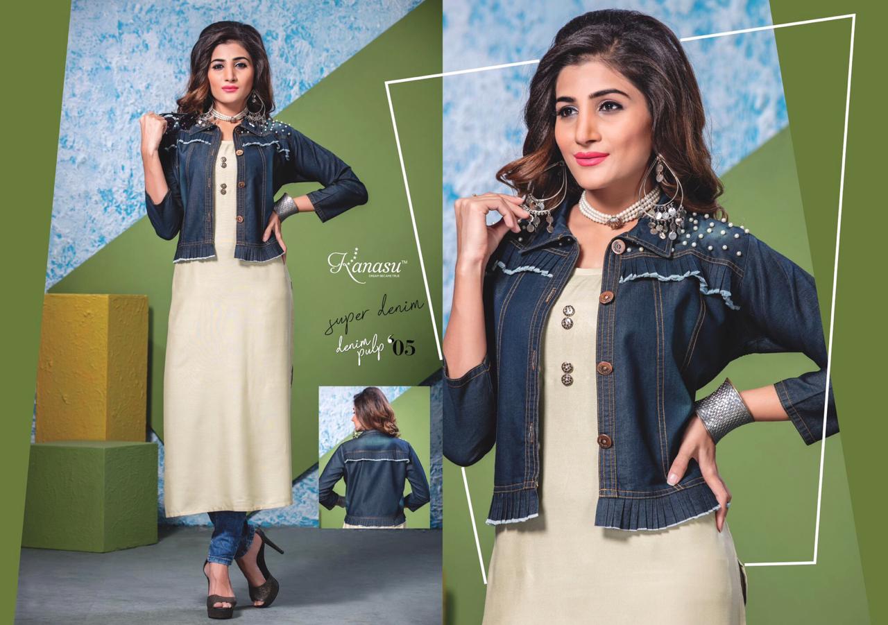 Denim Pulp By Kanasu 01 To 09 Series Beautiful Colorful Stylish Fancy Casual Wear & Ethnic Wear & Ready To Wear Rayon Kurtis With Denim Jacket At Wholesale Price