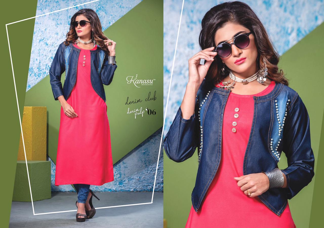 Denim Pulp By Kanasu 01 To 09 Series Beautiful Colorful Stylish Fancy Casual Wear & Ethnic Wear & Ready To Wear Rayon Kurtis With Denim Jacket At Wholesale Price