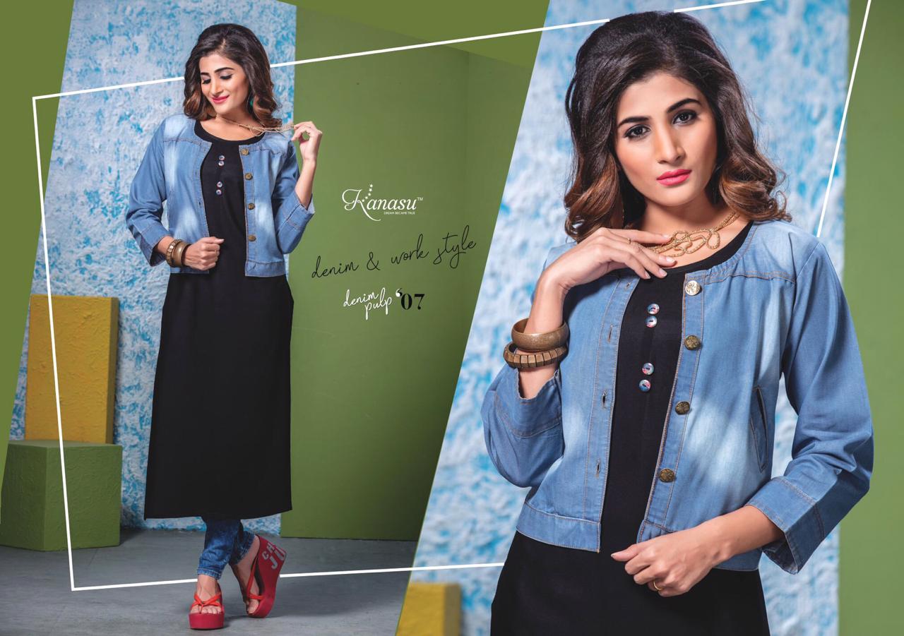 Denim Pulp By Kanasu 01 To 09 Series Beautiful Colorful Stylish Fancy Casual Wear & Ethnic Wear & Ready To Wear Rayon Kurtis With Denim Jacket At Wholesale Price