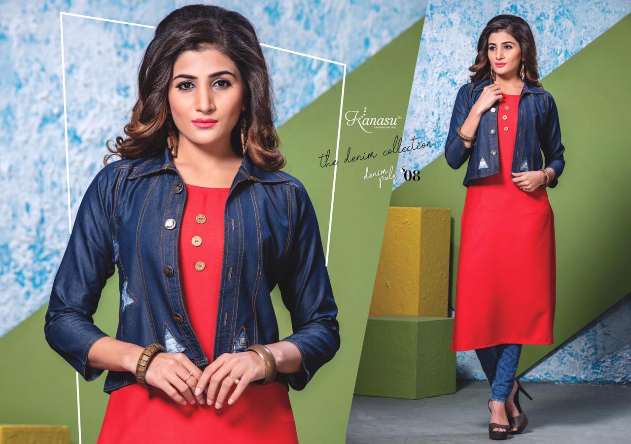 Denim Pulp By Kanasu 01 To 09 Series Beautiful Colorful Stylish Fancy Casual Wear & Ethnic Wear & Ready To Wear Rayon Kurtis With Denim Jacket At Wholesale Price