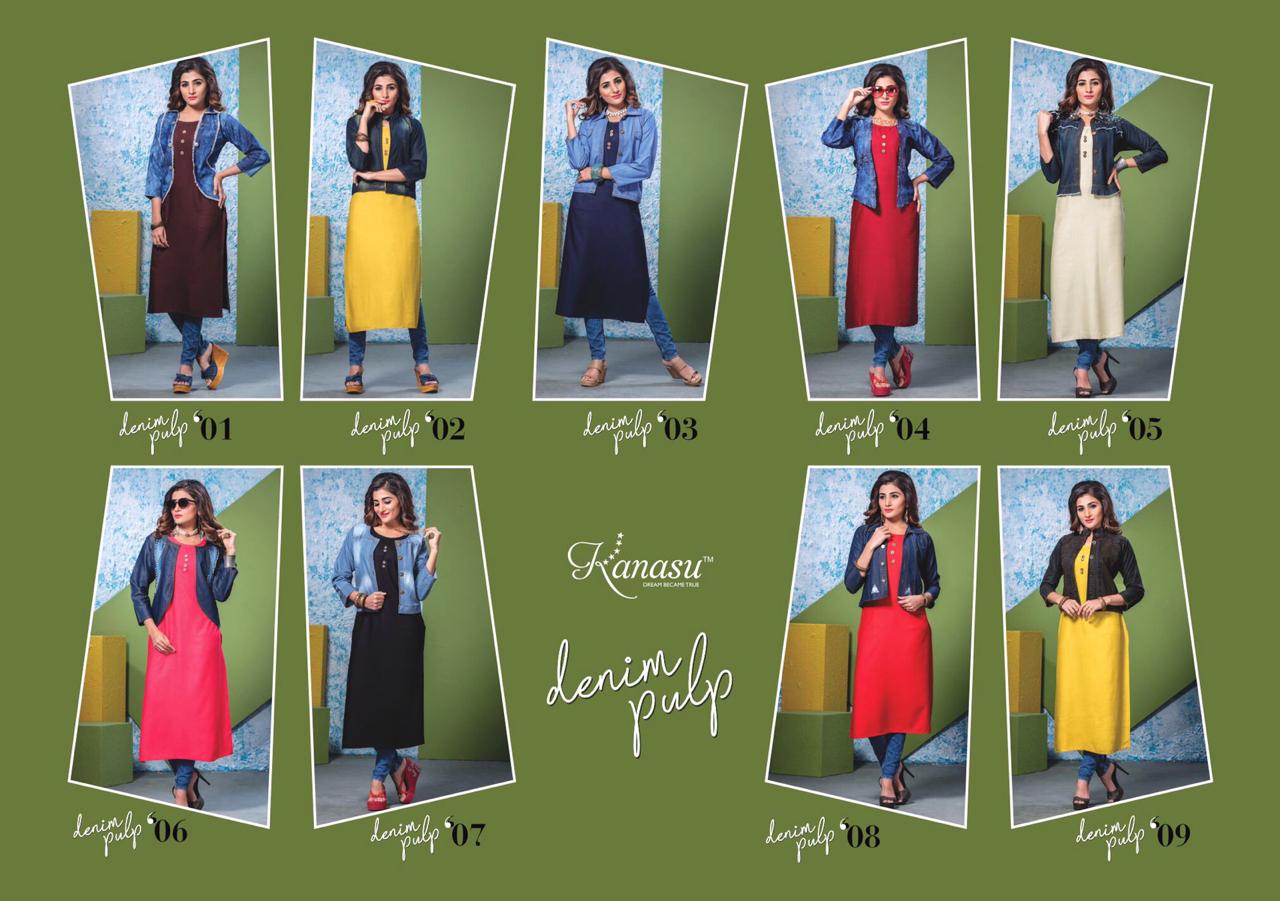 Denim Pulp By Kanasu 01 To 09 Series Beautiful Colorful Stylish Fancy Casual Wear & Ethnic Wear & Ready To Wear Rayon Kurtis With Denim Jacket At Wholesale Price