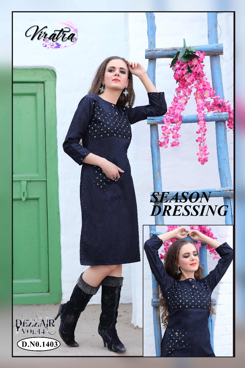 Dezzair Vol-14 By Viratra Tex 1401 To 1408 Series Stylish Colorful Fancy Beautiful Casual Wear & Ethnic Wear Collection Denim Kurtis At Wholesale Price