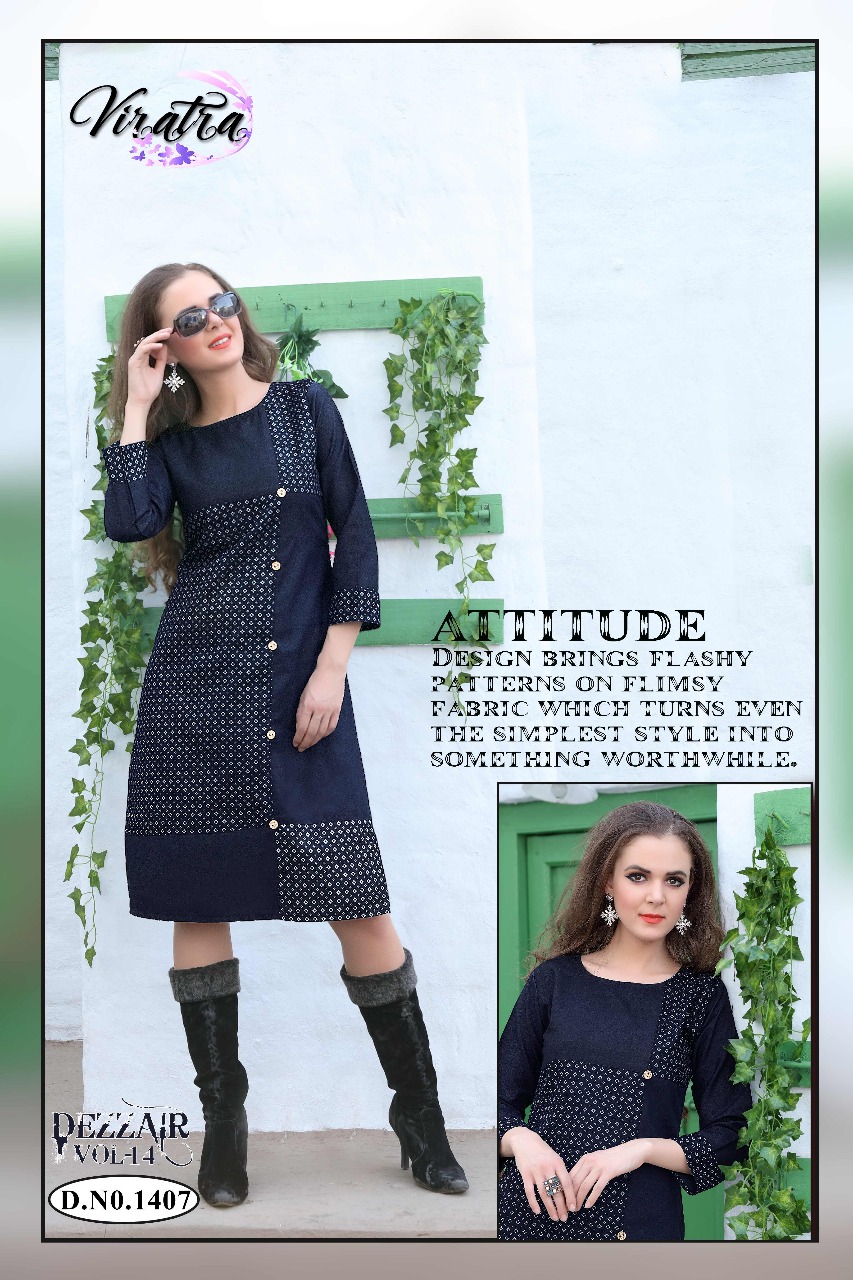 Dezzair Vol-14 By Viratra Tex 1401 To 1408 Series Stylish Colorful Fancy Beautiful Casual Wear & Ethnic Wear Collection Denim Kurtis At Wholesale Price