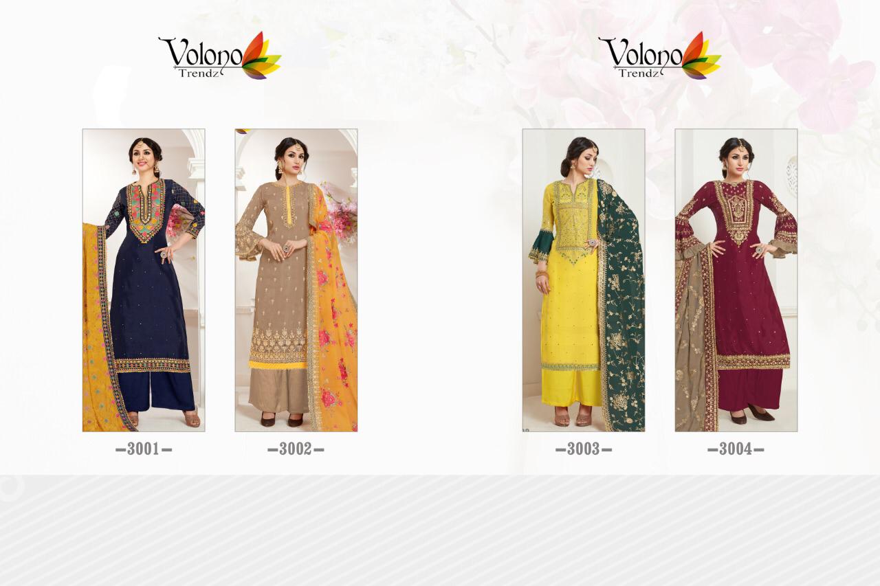 Dulhan Vol-3 By Volono Trendz 3001 To 3004 Series Designer Sharara Suits Collection Beautiful Stylish Colorful Fancy Party Wear & Occasional Wear Satin Georgette Dresses At Wholesale Price
