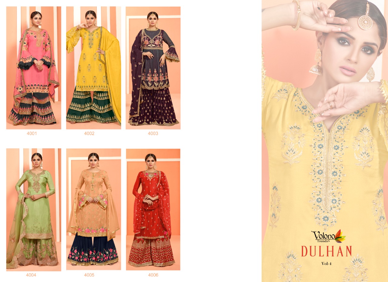 Dulhan Vol-4 By Volono Trendz 4001 To 4006 Series Designer Sharara Suits Beautiful Stylish Fancy Colorful Party Wear & Ethnic Wear Faux Georgette Digital Print With Embroidery Work Dresses At Wholesale Price