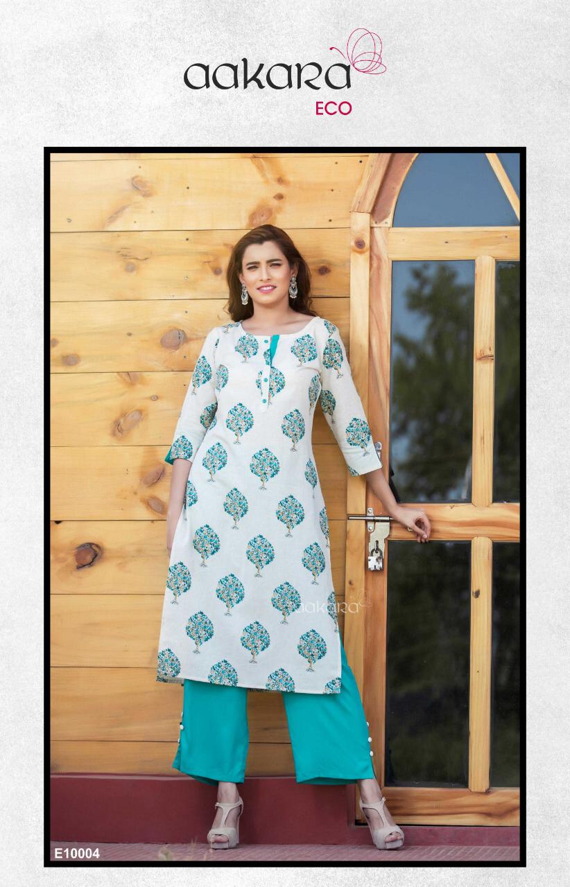 Eco Vol-10 By Aakara 10001 To 10006 Series Designer Beautiful Stylish Colorful Fancy Ready To Wear & Casual Wear & Ethnic Wear Cotton Flex Kurti With Solid Parallel Palazzo Kurtis At Wholesale Price