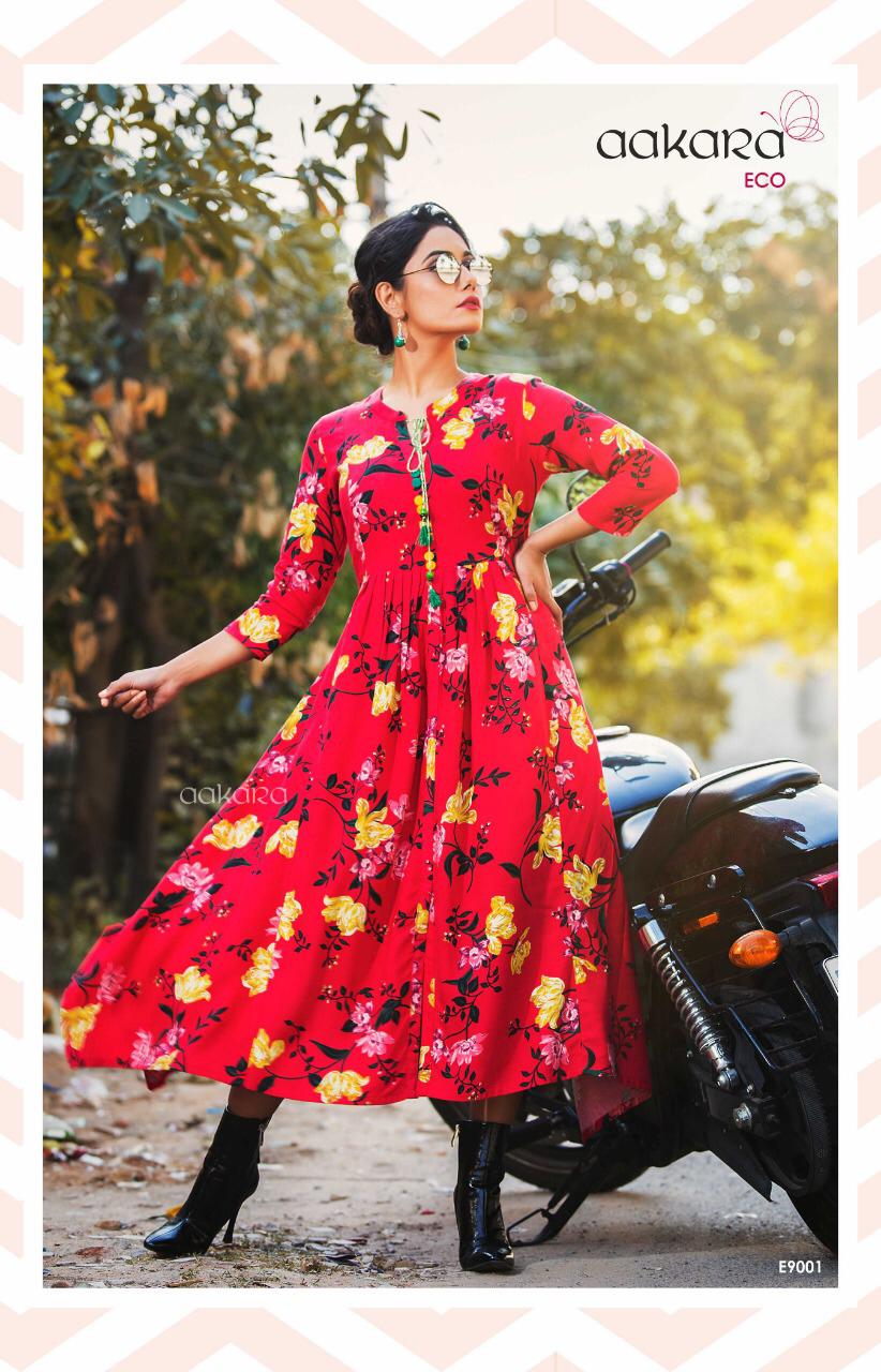 Eco Vol-9 By Aakara 9001 To 9006 Series Beautiful Colorful Stylish Fancy Casual Wear & Ethnic Wear & Ready To Wear Rayon Printed Kurtis At Wholesale Price