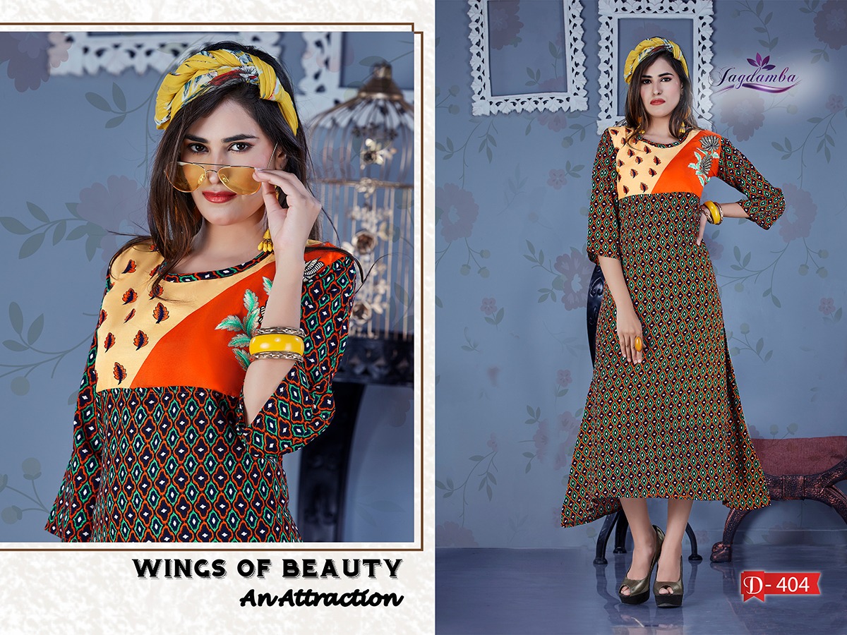 Ekit By Jagdamba 401 To 408 Series Beautiful Stylish Fancy Colorful Casual Wear & Ethnic Wear & Ready To Wear Heavy Rayon Printed Kurtis At Wholesale Price