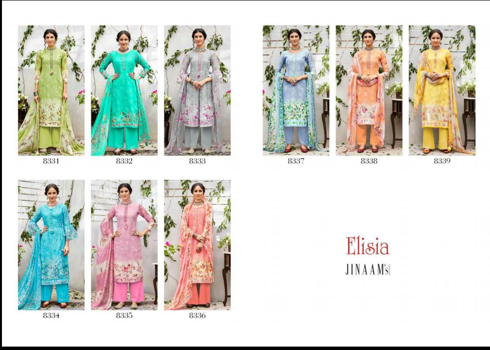 Elisia By Jinaam Dresses 8331 To 8339 Series Beautiful Suits Collection Beautiful Stylish Fancy Colorful Party Wear & Ethnic Wear Cotton Satin Printed Dresses At Wholesale Price