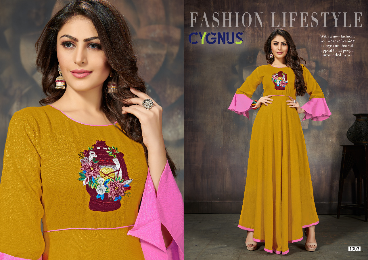 Ellora By Cygnus 1001 To 1009 Series Beautiful Colorful Stylish Fancy Casual Wear & Ethnic Wear & Ready To Wear Heavy Rayon Flex Embroidered Kurtis At Wholesale Price