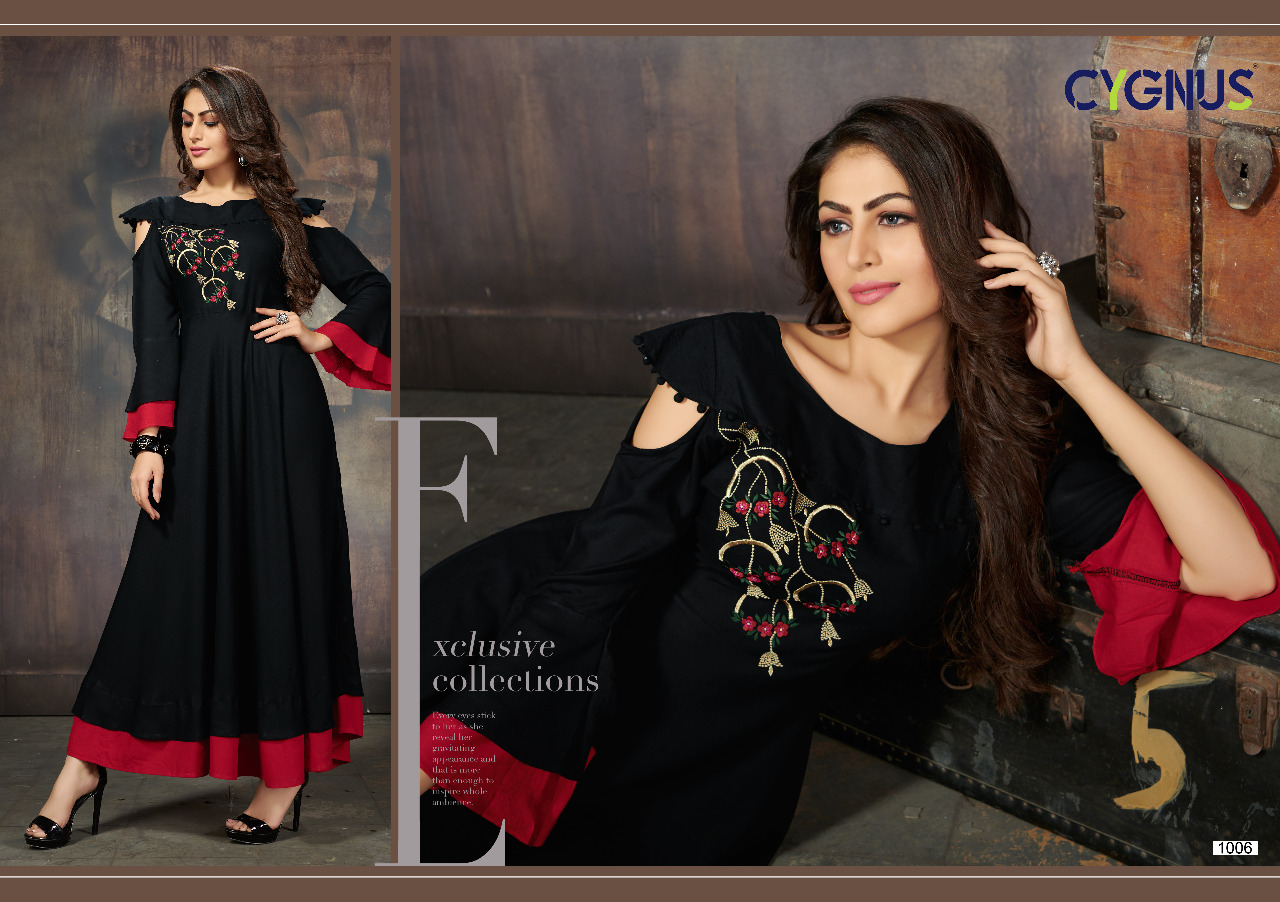 Ellora By Cygnus 1001 To 1009 Series Beautiful Colorful Stylish Fancy Casual Wear & Ethnic Wear & Ready To Wear Heavy Rayon Flex Embroidered Kurtis At Wholesale Price