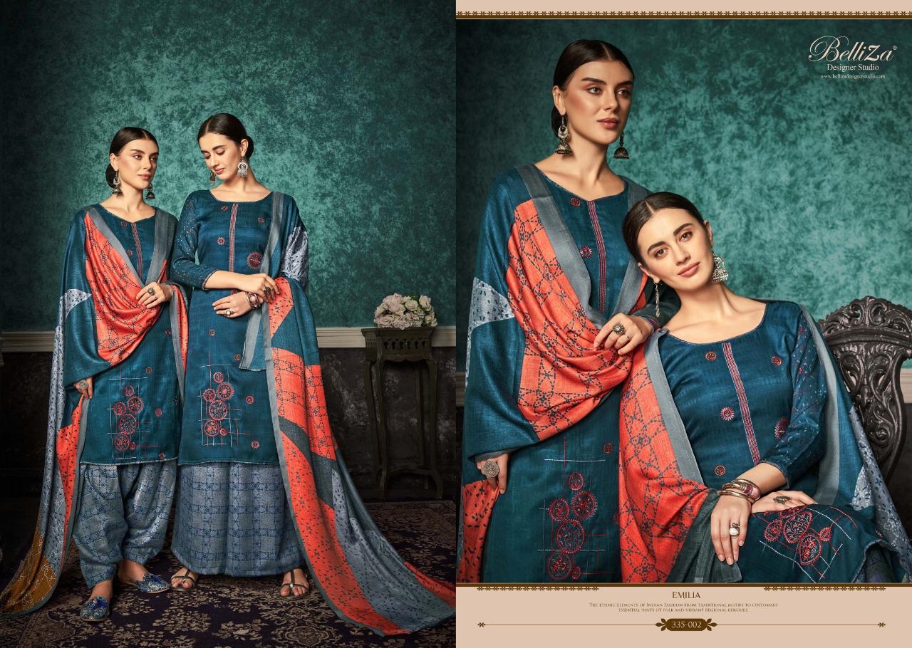 Emilia By Belliza Designer 335-001 To 335-010 Series Patiyala Suits Collection Beautiful Stylish Fancy Colorful Party Wear & Ethnic Wear Pure Pashmina Printed With Heavy Embroidery Dresses At Wholesale Price