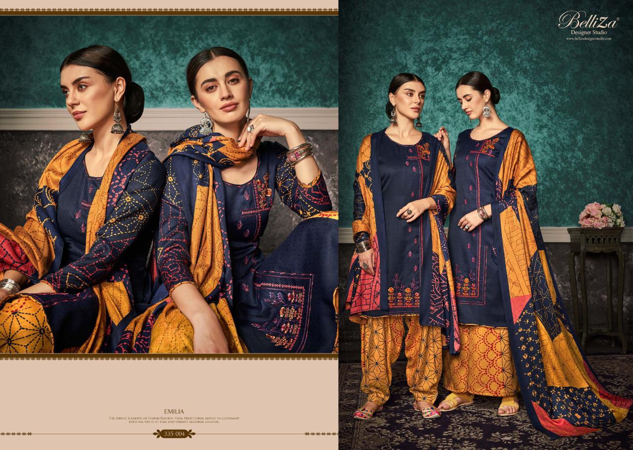 Emilia By Belliza Designer 335-001 To 335-010 Series Patiyala Suits Collection Beautiful Stylish Fancy Colorful Party Wear & Ethnic Wear Pure Pashmina Printed With Heavy Embroidery Dresses At Wholesale Price