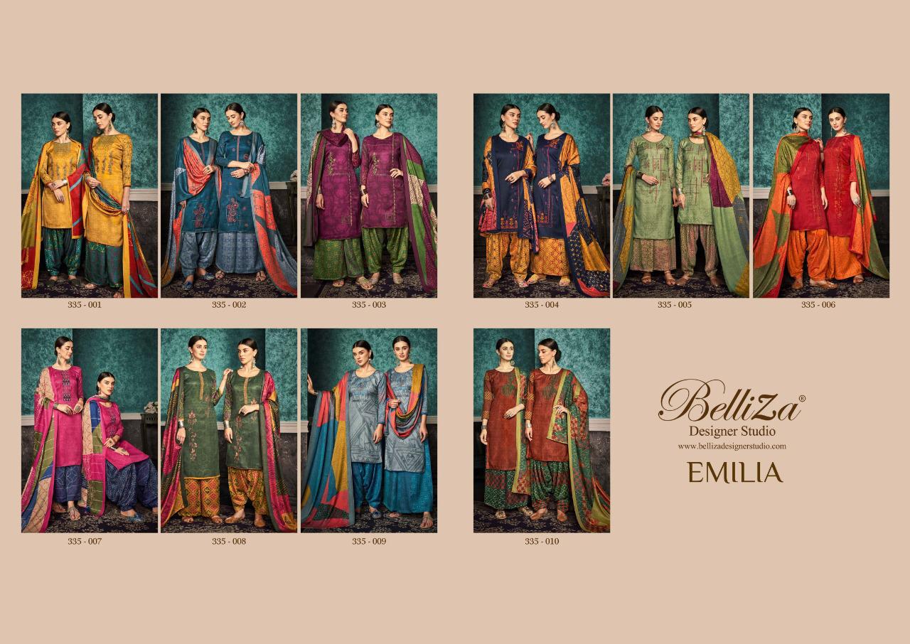 Emilia By Belliza Designer 335-001 To 335-010 Series Patiyala Suits Collection Beautiful Stylish Fancy Colorful Party Wear & Ethnic Wear Pure Pashmina Printed With Heavy Embroidery Dresses At Wholesale Price