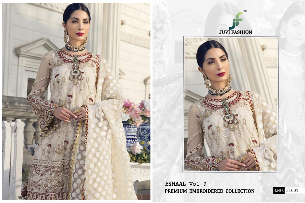 Eshaal Vol-9 By Juvi Fashion 51001 To 51006 Series Pakistani Suits Beautiful Stylish Fancy Colorful Festive Collection Party Wear & Occasional Wear Soft Net Embroidered Dresses At Wholesale Price