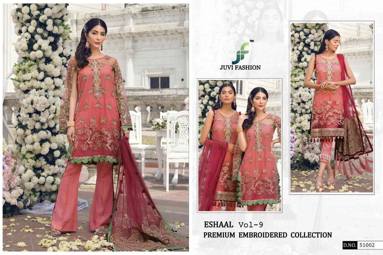 Eshaal Vol-9 By Juvi Fashion 51001 To 51006 Series Pakistani Suits Beautiful Stylish Fancy Colorful Festive Collection Party Wear & Occasional Wear Soft Net Embroidered Dresses At Wholesale Price