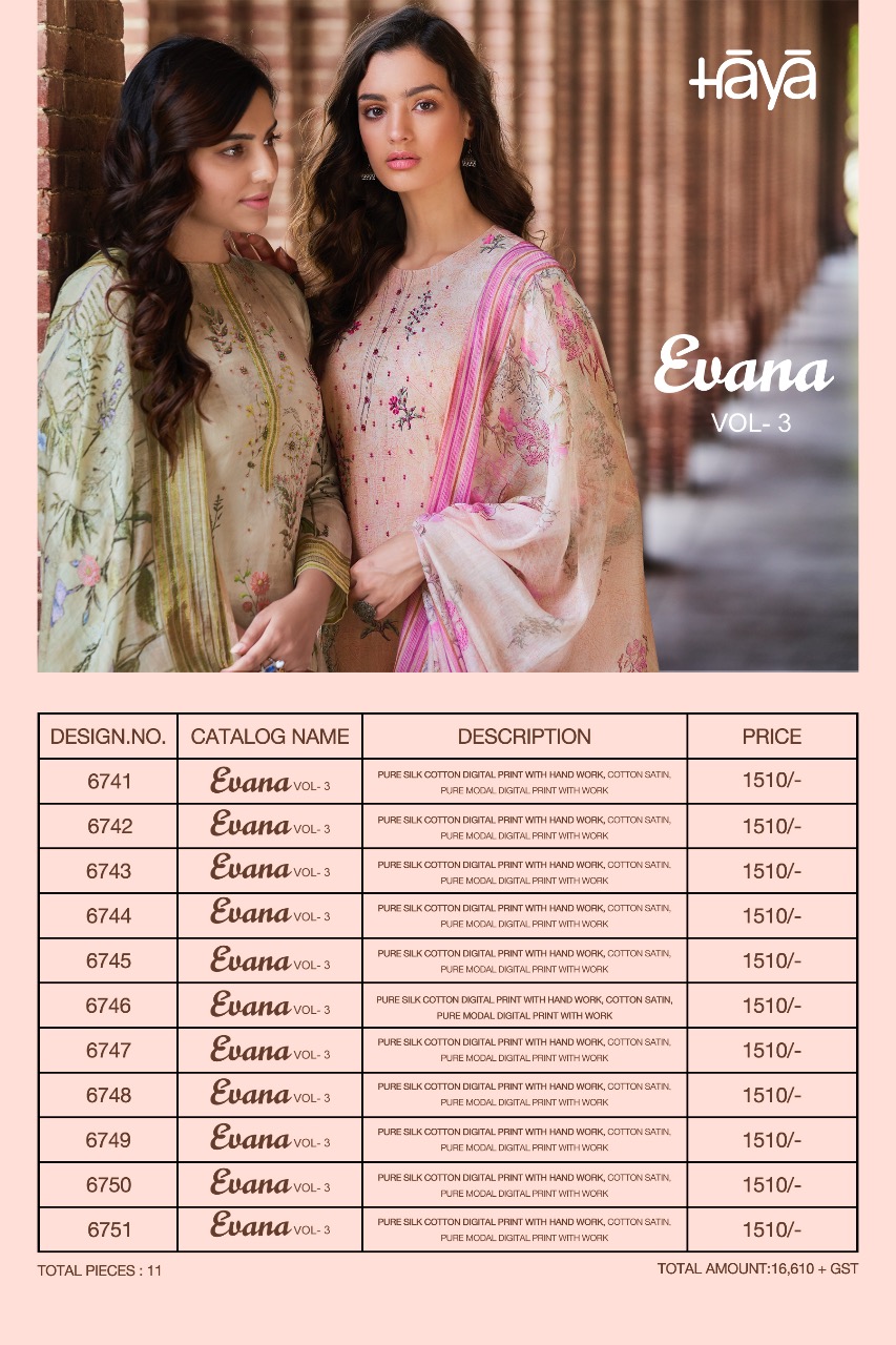 Evana Vol-3 By Haya 6741 To 6751 Series Beautiful Stylish Fancy Colorful Party Wear & Ethnic Wear Collection Cotton Silk Digital Print With Work Dresses At Wholesale Price