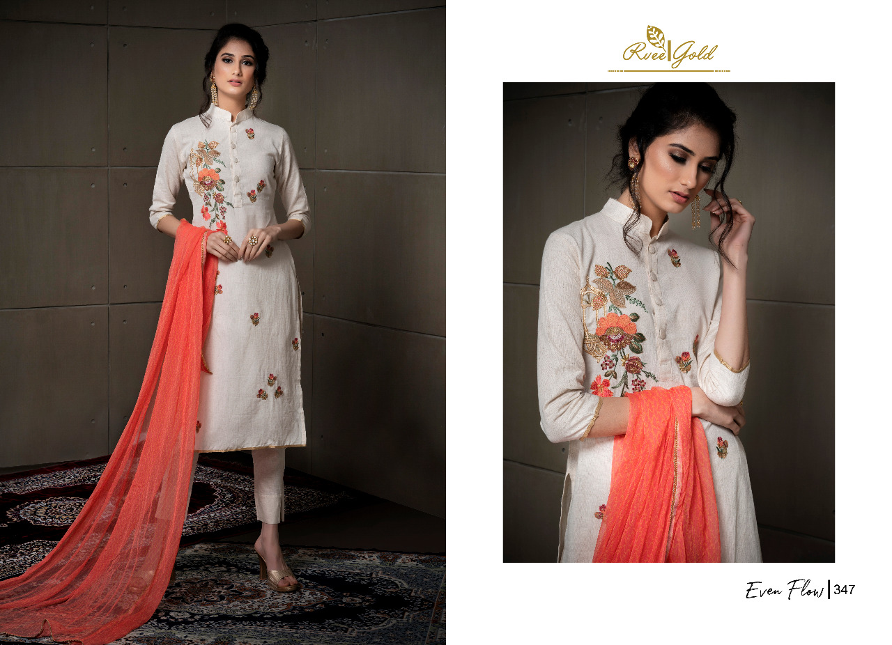 Even Flow By Rvee Gold 347 To 354 Series Beautiful Suits Colorful Stylish Fancy Casual Wear & Ethnic Wear Linen Cotton With Embroidery Dresses At Wholesale Price