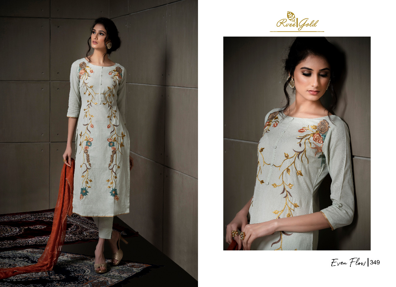 Even Flow By Rvee Gold 347 To 354 Series Beautiful Suits Colorful Stylish Fancy Casual Wear & Ethnic Wear Linen Cotton With Embroidery Dresses At Wholesale Price