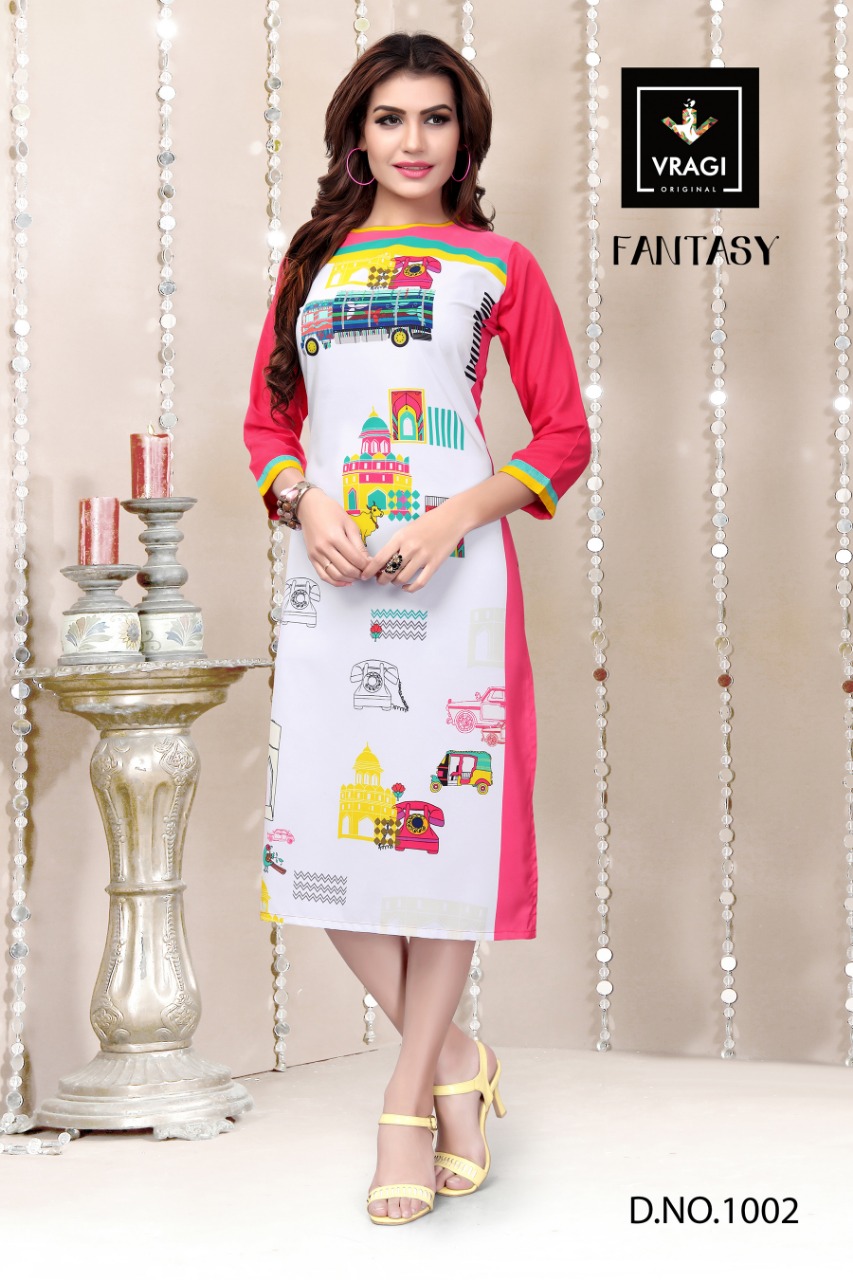 Fantasy By Vragi 1001 To 1008 Series Beautiful Colorful Stylish Fancy Casual Wear & Ethnic Wear & Ready To Wear Royal Crepe Digital Printed Kurtis At Wholesale Price