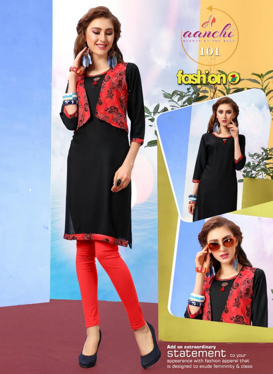 Fashion By Aanchi 101 To 108 Series Stylish Fancy Beautiful Colorful Casual Wear & Ethnic Wear Heavy Rayon Printed Kurtis With Koti At Wholesale Price