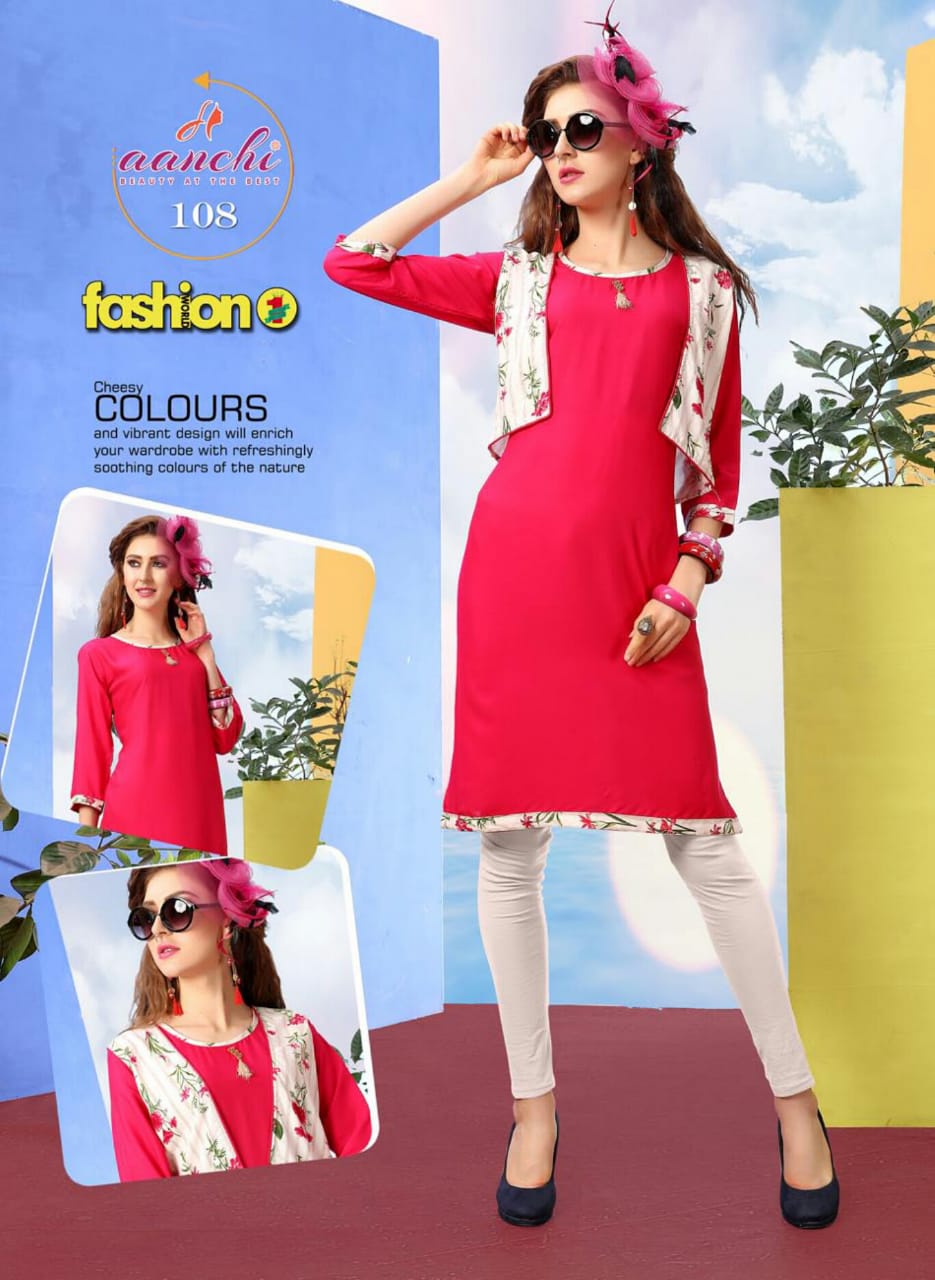 Fashion By Aanchi 101 To 108 Series Stylish Fancy Beautiful Colorful Casual Wear & Ethnic Wear Heavy Rayon Printed Kurtis With Koti At Wholesale Price