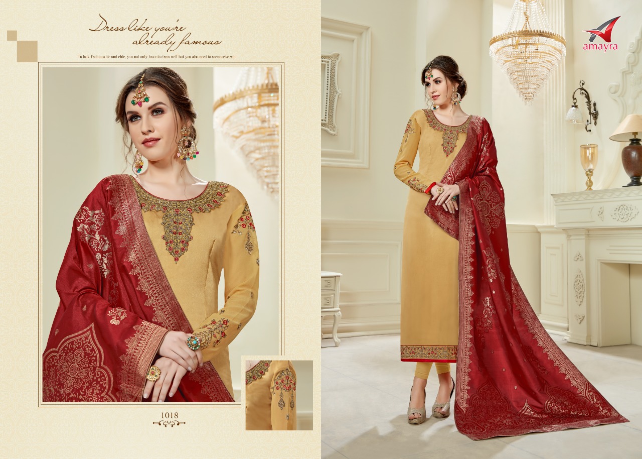 Fashion Elegance By Amayra 1017 To 1024 Series Designer Suits Beautiful Stylish Fancy Colorful Party Wear & Ethnic Wear Satin Georgette Embroidered Dresses At Wholesale Price