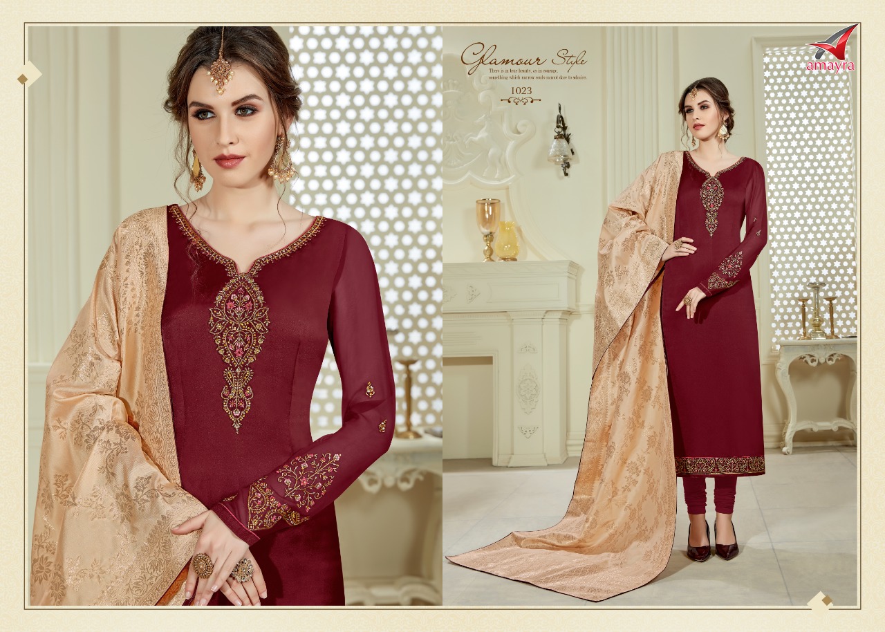 Fashion Elegance By Amayra 1017 To 1024 Series Designer Suits Beautiful Stylish Fancy Colorful Party Wear & Ethnic Wear Satin Georgette Embroidered Dresses At Wholesale Price