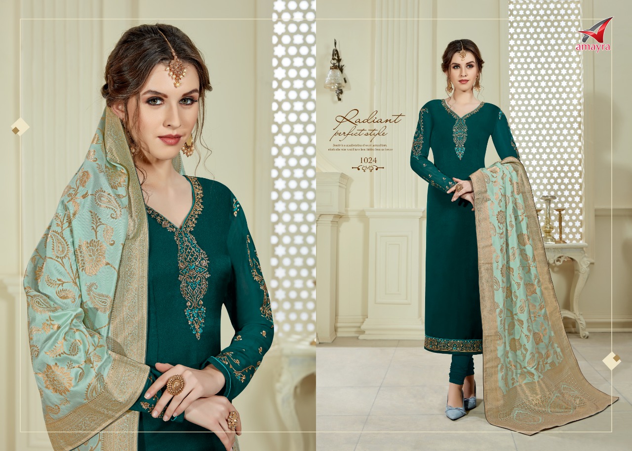 Fashion Elegance By Amayra 1017 To 1024 Series Designer Suits Beautiful Stylish Fancy Colorful Party Wear & Ethnic Wear Satin Georgette Embroidered Dresses At Wholesale Price