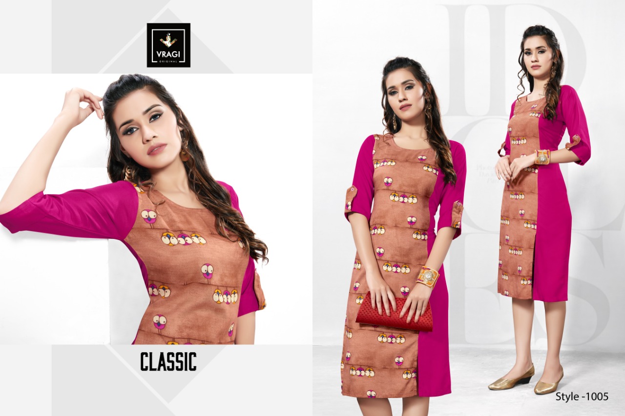 Fashion By Vragi 1001 To 1008 Series Beautiful Colorful Stylish Fancy Casual Wear & Ethnic Wear & Ready To Wear Heavy Rayon Printed Kurtis At Wholesale Price