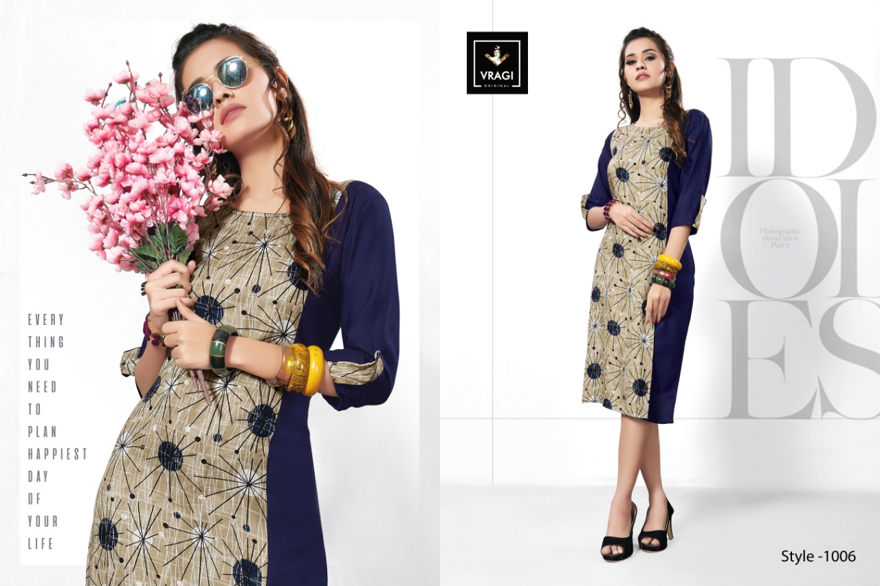 Fashion By Vragi 1001 To 1008 Series Beautiful Colorful Stylish Fancy Casual Wear & Ethnic Wear & Ready To Wear Heavy Rayon Printed Kurtis At Wholesale Price