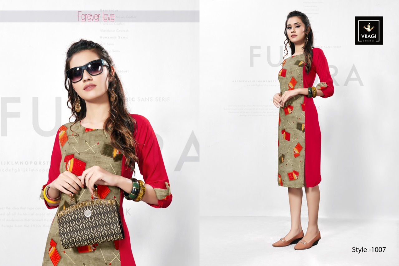 Fashion By Vragi 1001 To 1008 Series Beautiful Colorful Stylish Fancy Casual Wear & Ethnic Wear & Ready To Wear Heavy Rayon Printed Kurtis At Wholesale Price